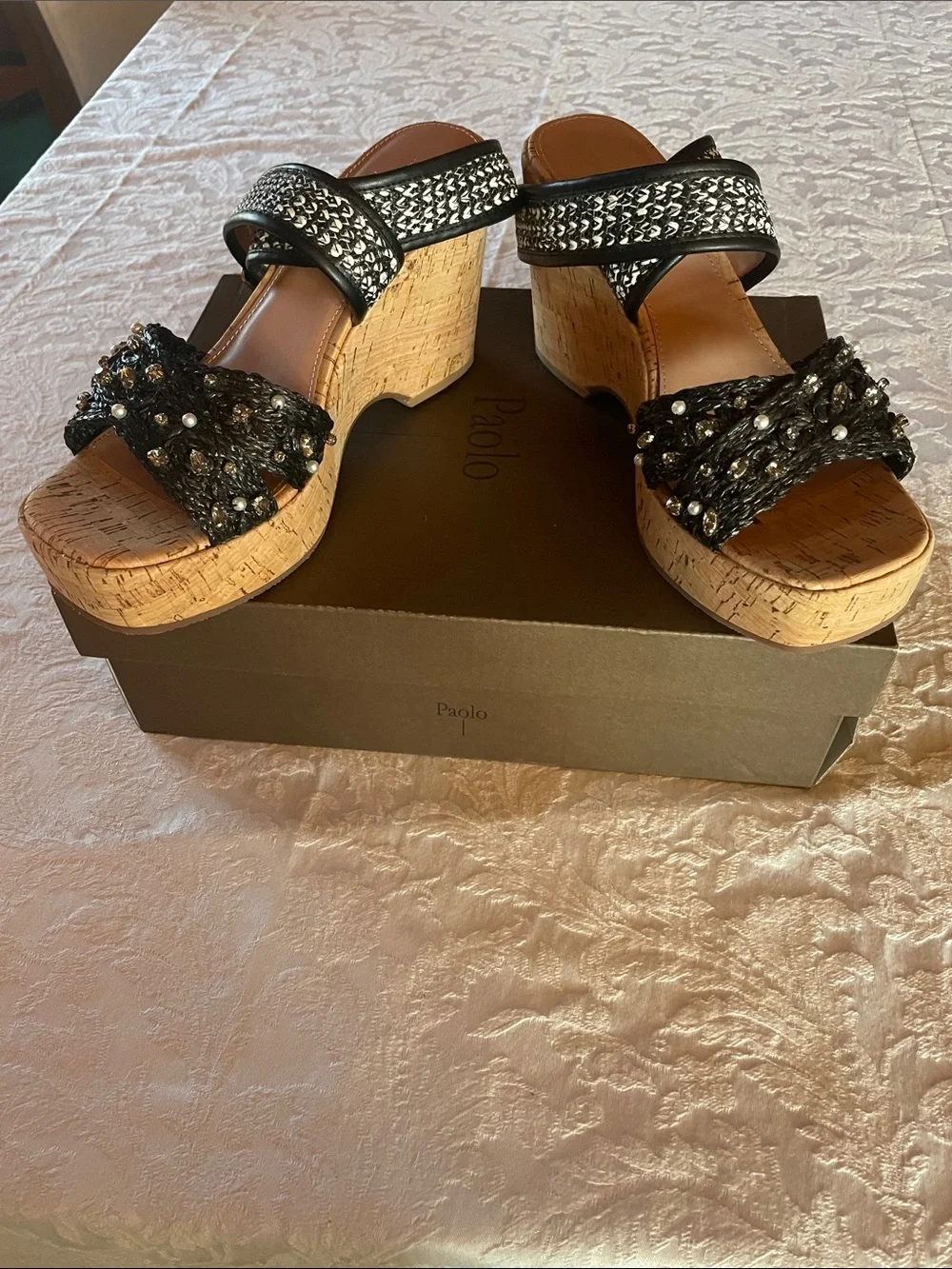 Paolo Black & Cork Beaded Pearl Wedge Sandals
